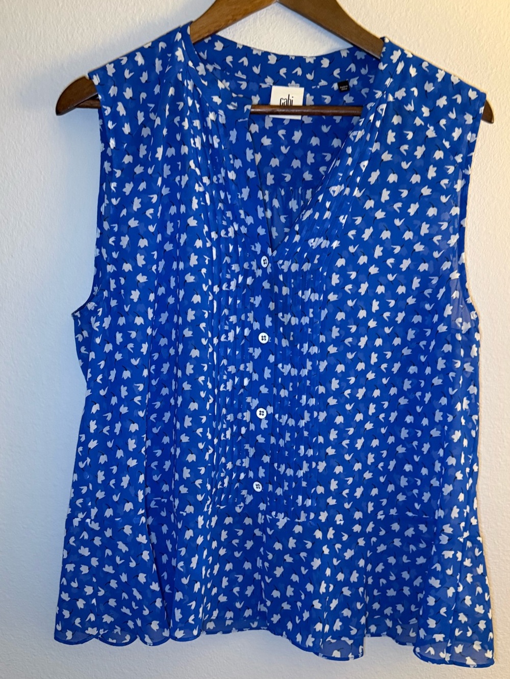 CAbi Blue and White Sleeveless Ditsy Print Blouse